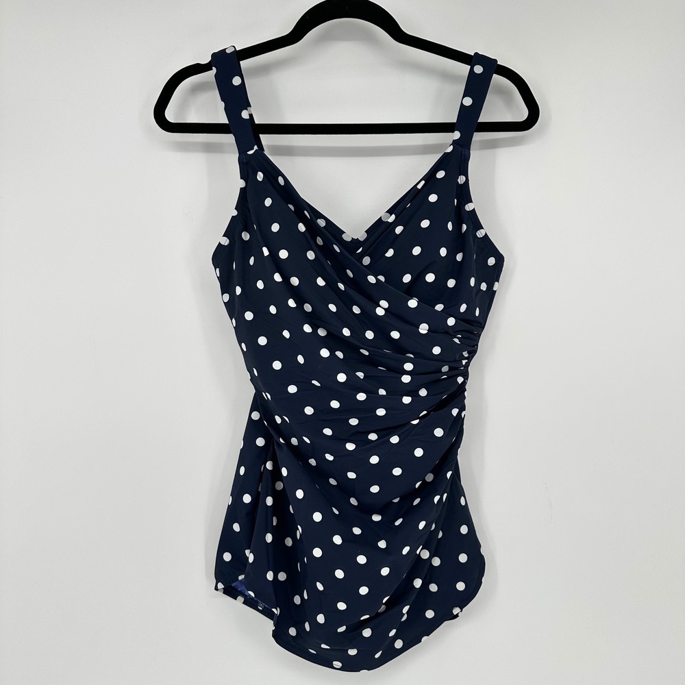 Land's End Blue Navy Polka Dot One Piece Swimsuit Bathing Suit Ruched Beach 10